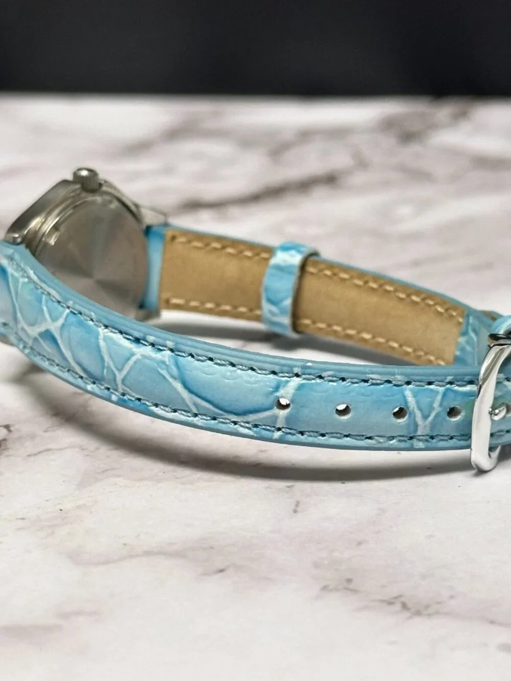 Belair Watch Women Silver Tone Round Dial Blue Leather Band New Battery 8.5 Inch
